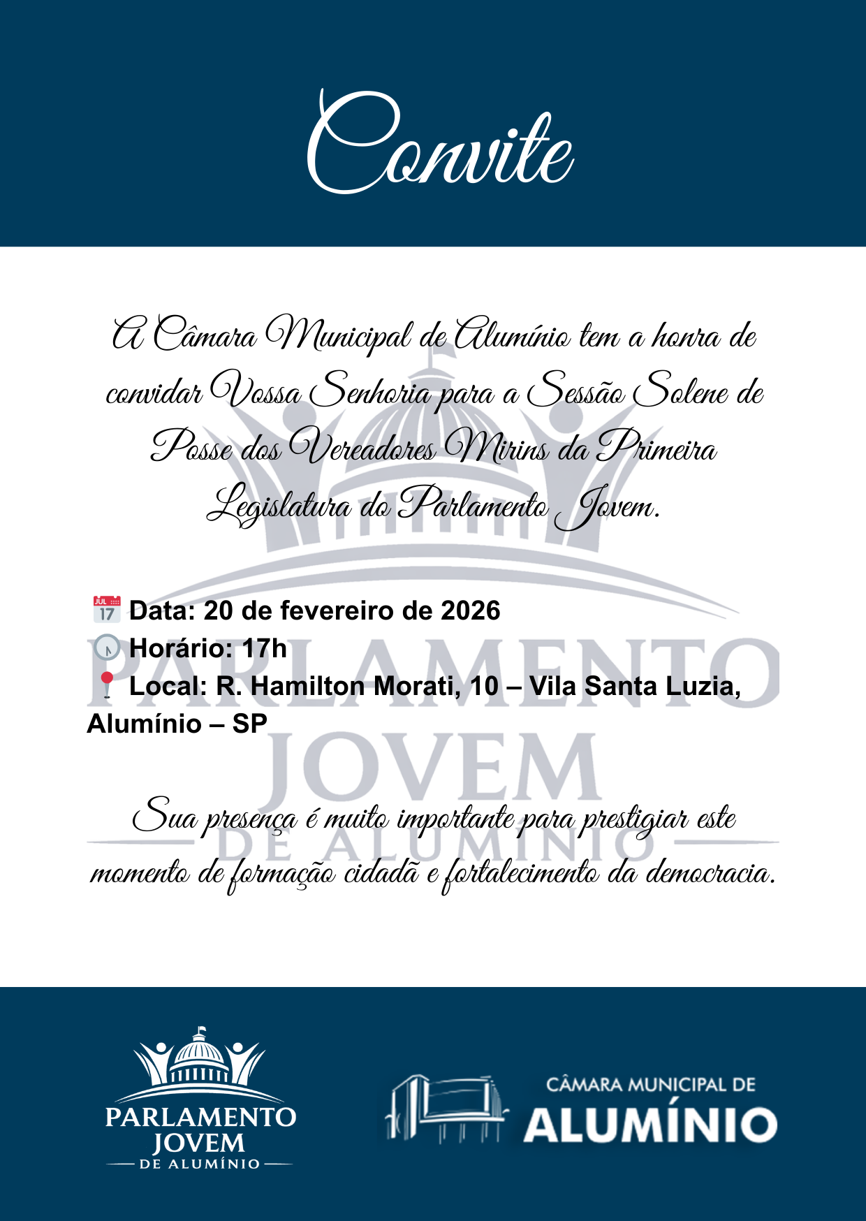 CONVITE: SESSÃO SOLENE DE POSSE DOS VEREADORES MIRINS DO PROGRAMA PARLAMENTO JOVEM